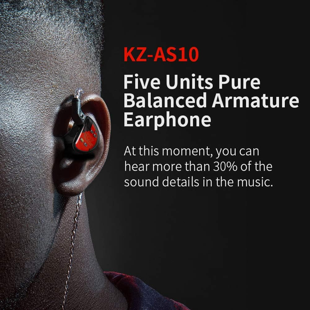 KZ AS10 5BA Hifi Stereo In-Ear Monitor Hifi Wired Earbuds Earphones | with 0.75Mm 2 Pin Cable, Five Balanced Armature Drivers, Noise Cancelling, W/O Mic, Black