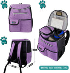 Dog Travel Backpack 27L Airline Approved Pet Supplies Bag, Purple | Cat Traveling Suitcase Organizer for Weekend Road Trip Camping; 2 Food Containers, 2 Collapsible Bowls & Poop Bag Dispenser
