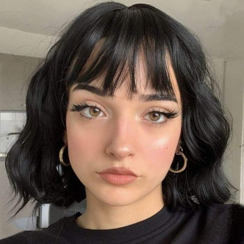 Short Wavy Black Wig with Bangs, Short Black Bob Wigs for Women, Wavy Bob Wig with Bangs Synthetic Natural Looking Heat Resistant Fiber Wigs