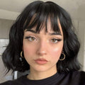 Short Wavy Black Wig with Bangs, Short Black Bob Wigs for Women, Wavy Bob Wig with Bangs Synthetic Natural Looking Heat Resistant Fiber Wigs