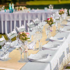 8 Pack White and Gold Disposable Plastic Tablecloths and Satin Table Runner Set, 54 X 108 Inch Tablecloth, 12 X 108 Inch Table Runners for Wedding First Communion Baby Shower Graduation