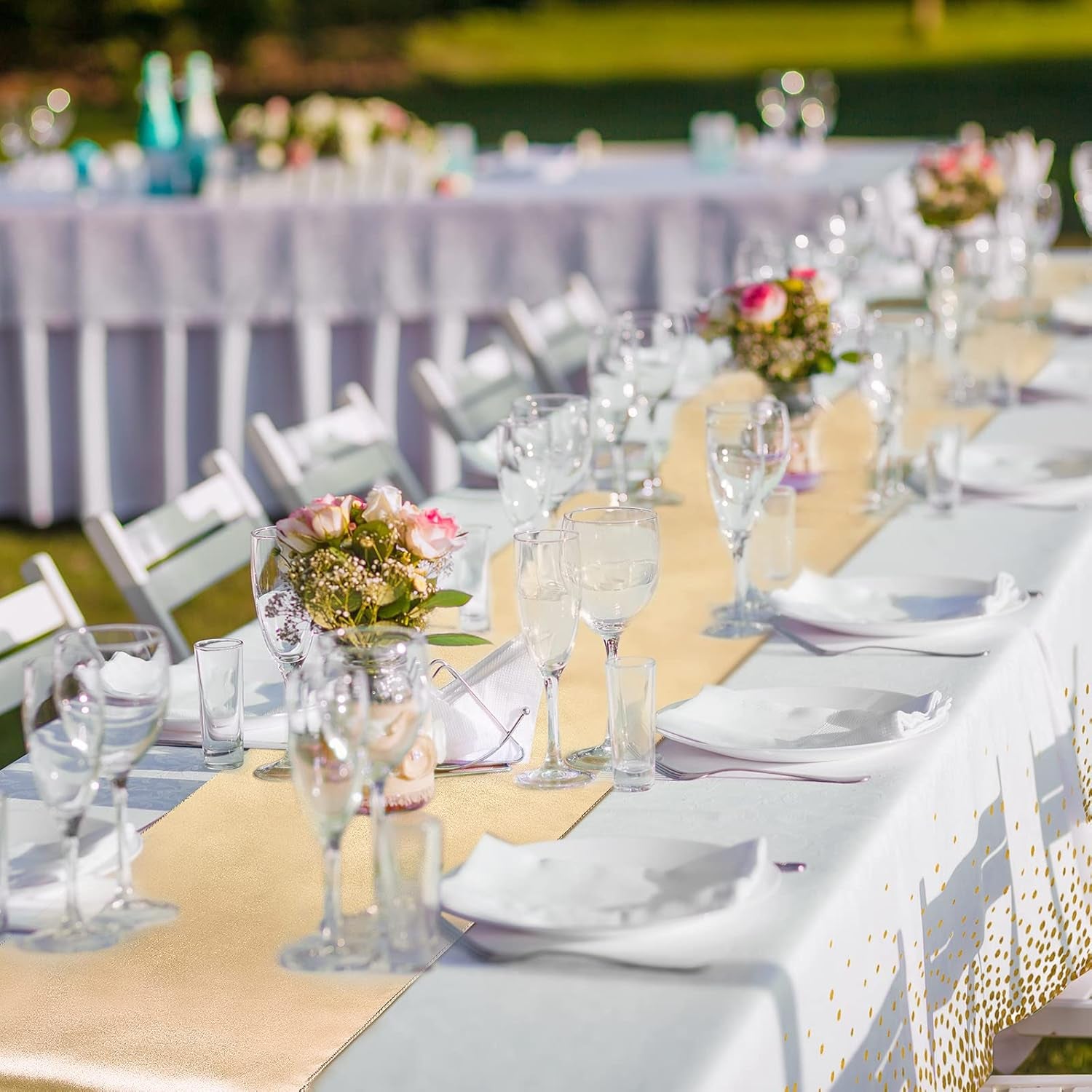 8 Pack White and Gold Disposable Plastic Tablecloths and Satin Table Runner Set, 54 X 108 Inch Tablecloth, 12 X 108 Inch Table Runners for Wedding First Communion Baby Shower Graduation