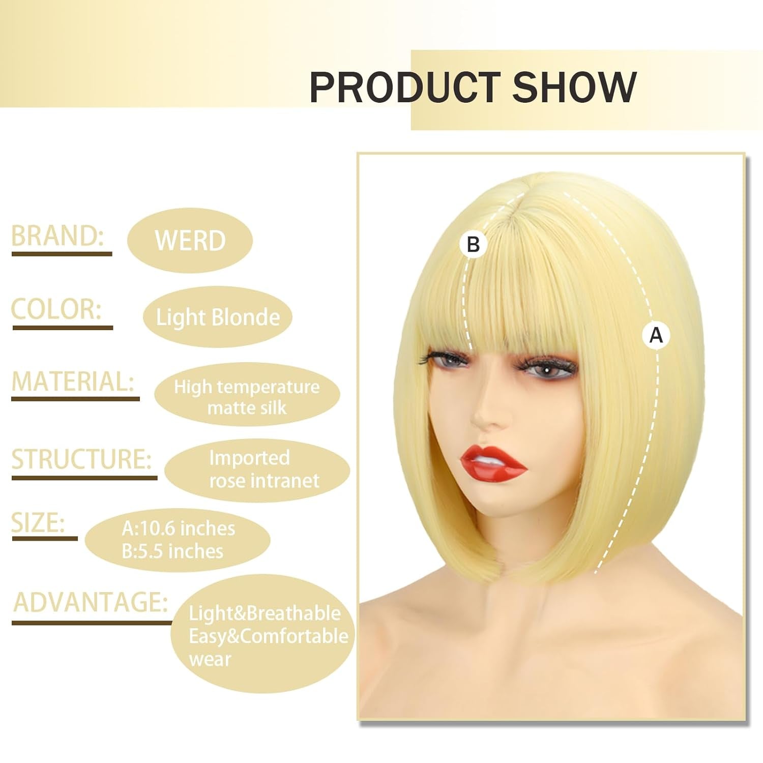 Blonde Bob Wig with Bangs，Straight Bob Wig Short Blonde Wigs for Women, Short Light Blond Synthetic Heat Resistant Colorful Wig for Cosplay Party Use