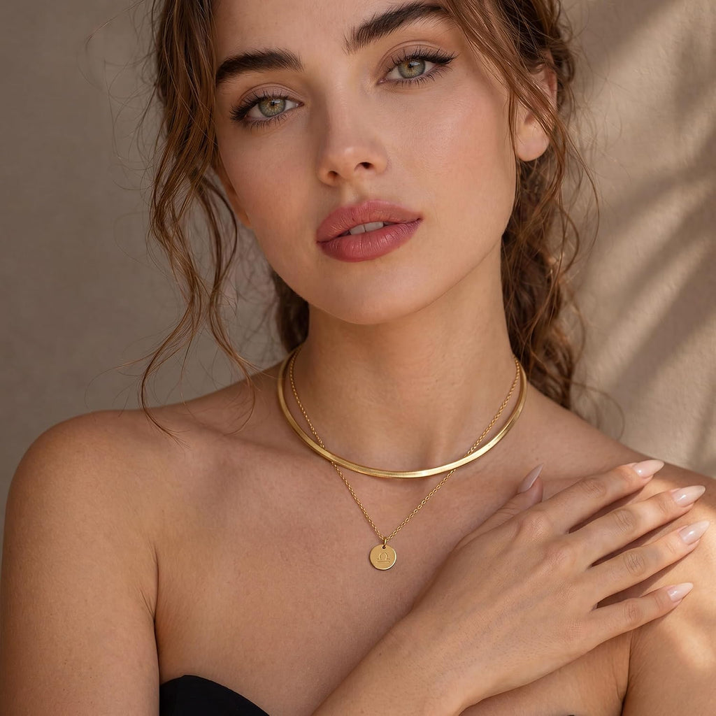 Constellation Necklace Pendant 14K Gold-Plated Hammered round Disc Engraved Zodiac Sign Pendant 17.5’’ Adjustable Dainty Necklace