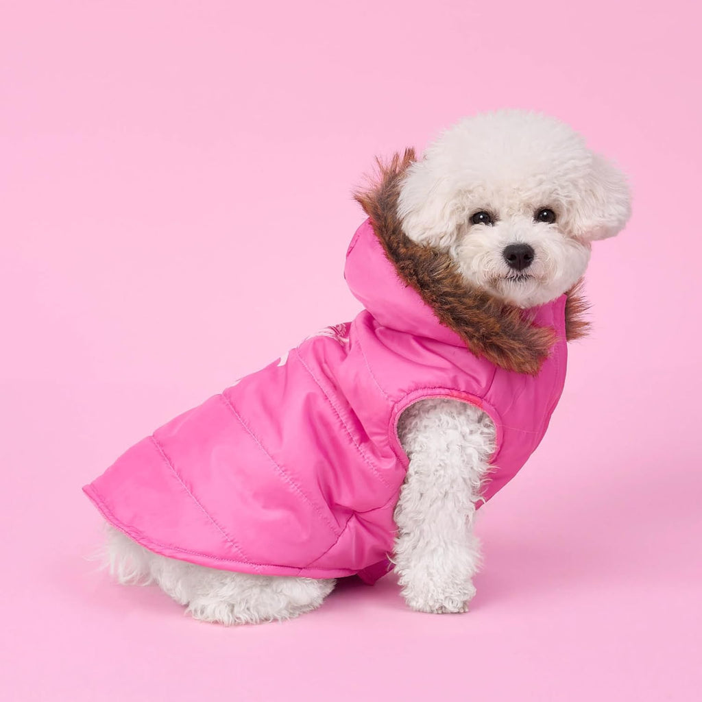 Juicy Couture Faux Fur Hooded Pet Jacket for Dogs and Cats - Hot Pink - Medium/Large