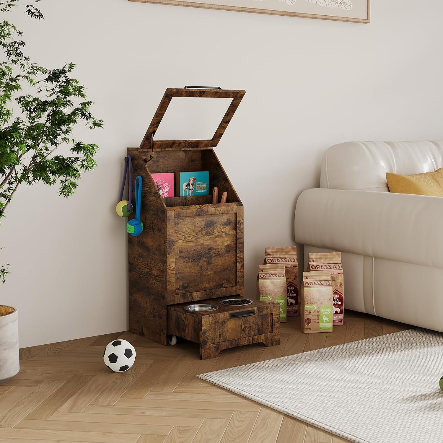 35''H Pet Food Cabinet Flip Top Dog Food Storage Cabinet,Dog Feeding Station with 2 Elevated Dog Bowls, Large Pet Toy Storage Organizer,Rustic Brown