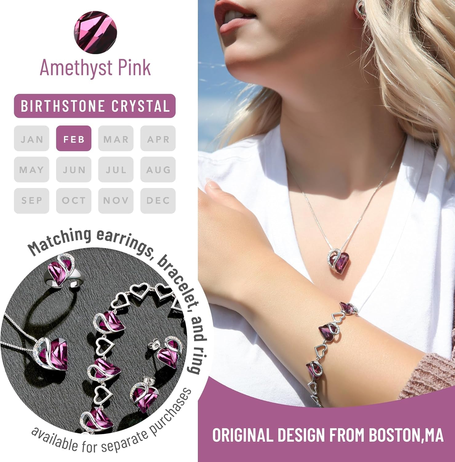 Gift Necklaces for Women, Infinity Love Birthstone Heart Crystal Pendant, Birthday Anniversary Jewelry for Wife, Mom, and Her, Silver Plated, 18" + 2" Adjustable Chain