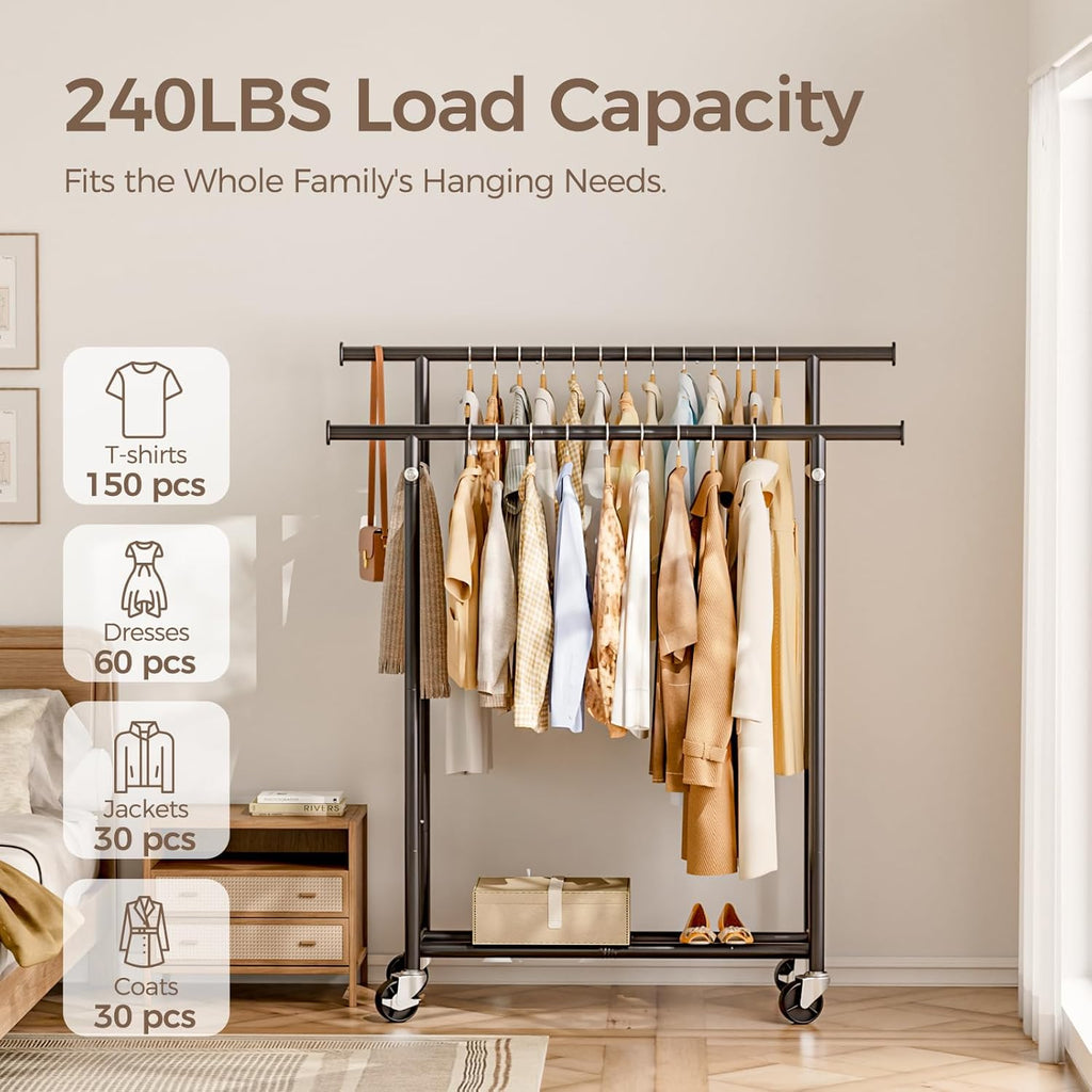 Clothes Rack, Double Rods Rolling Clothing Rack for Hanging Clothes, Portable Garment Rack with Wheels, Coat Rack Wardrobe Closet Load 240 LBS for Bedroom Laundry Room (Black, L)