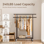Clothes Rack, Double Rods Rolling Clothing Rack for Hanging Clothes, Portable Garment Rack with Wheels, Coat Rack Wardrobe Closet Load 240 LBS for Bedroom Laundry Room (Black, L)