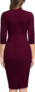 Women'S Retro Half Collar Ruffle 2/3 Sleeve Cocktail Pencil Dress | Vintage Collar Style, Professional Work Dress, Flattering Fit, Stretch Fabric, Funeral, Business Casual, Church