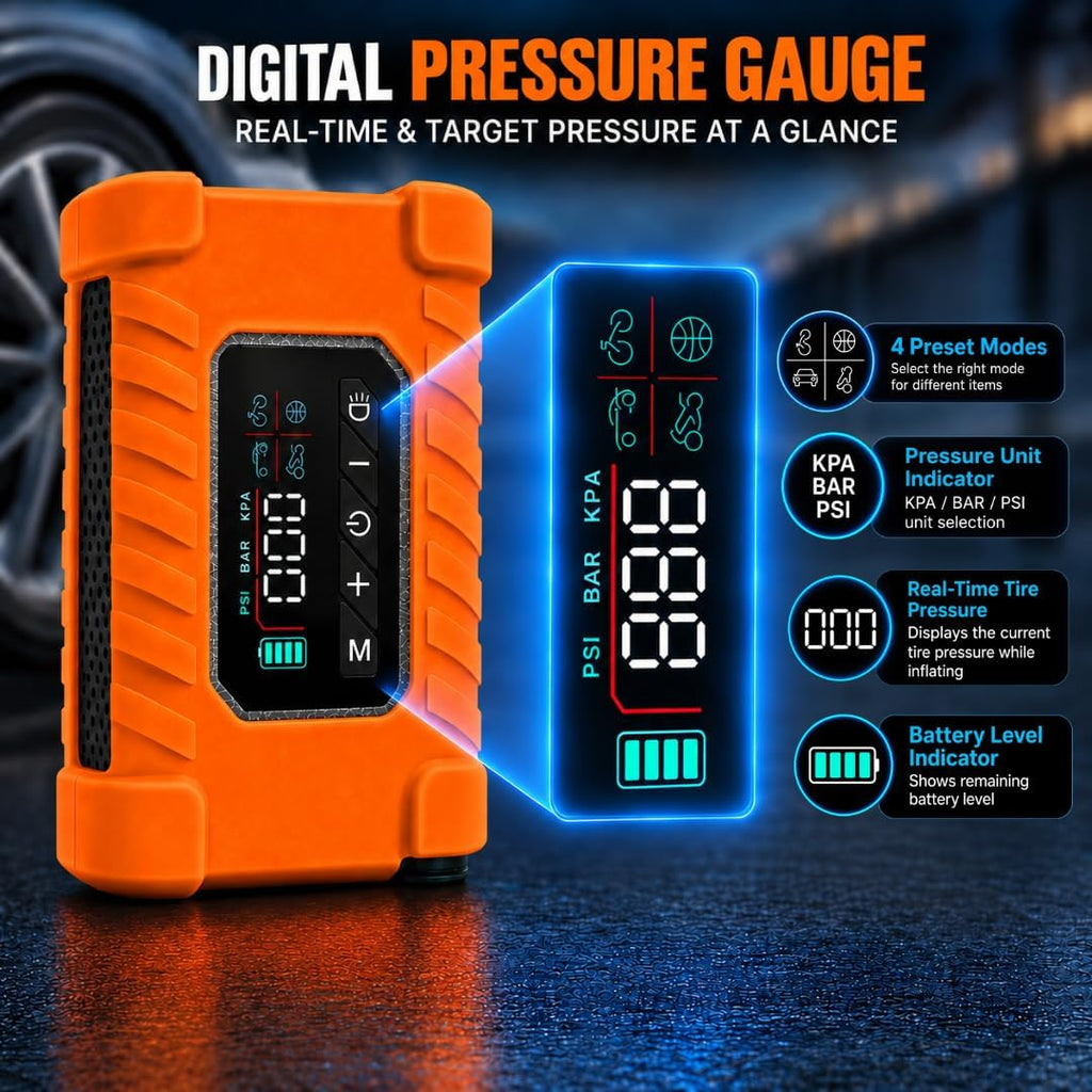 140 PSI Portable Tire Inflator for Cars, Motorcycles, Bikes & Balls | Portable Air Pump with Digital Pressure Gauge, Auto Shut-Off, Bright LED Light & Rechargeable Battery