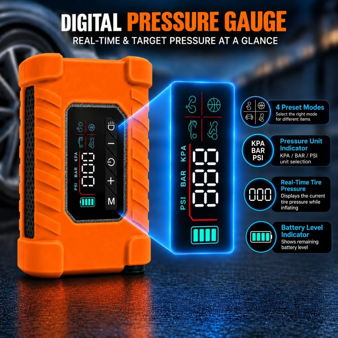 140 PSI Portable Tire Inflator for Cars, Motorcycles, Bikes & Balls | Portable Air Pump with Digital Pressure Gauge, Auto Shut-Off, Bright LED Light & Rechargeable Battery