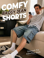 Baggy Jean Shorts Men, Y2K Jorts Cargo Ripped Elastic Waist, Mens Denim Shorts Comfy Casual Streetwear Summer