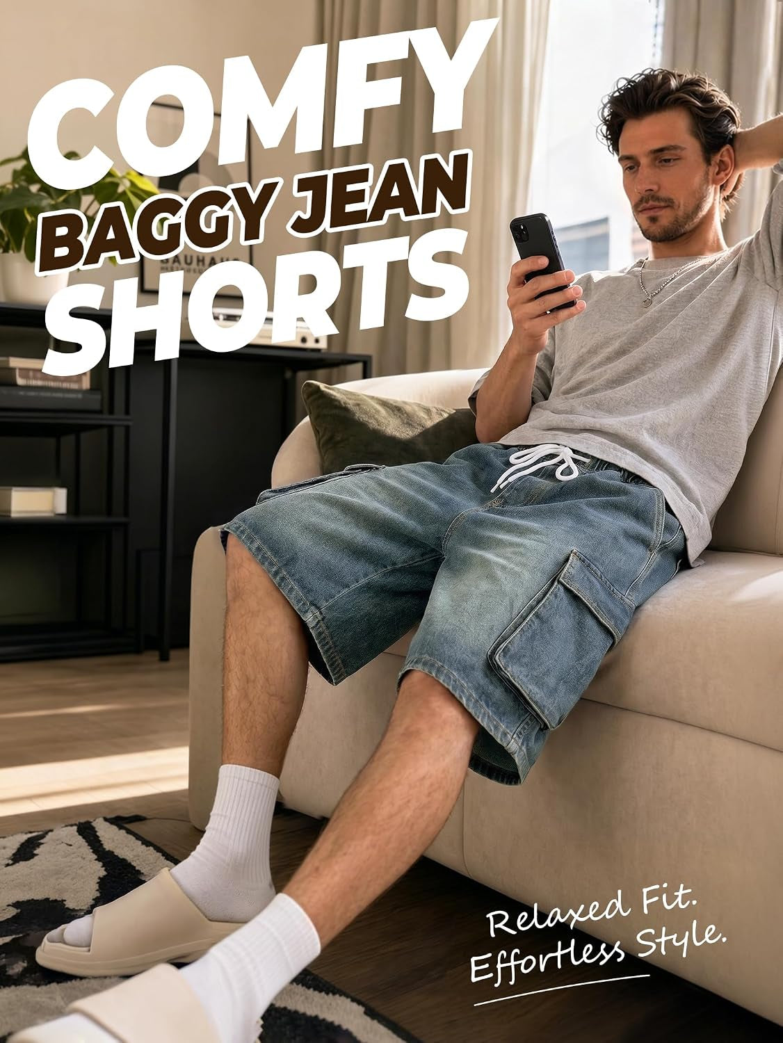 Baggy Jean Shorts Men, Y2K Jorts Cargo Ripped Elastic Waist, Mens Denim Shorts Comfy Casual Streetwear Summer