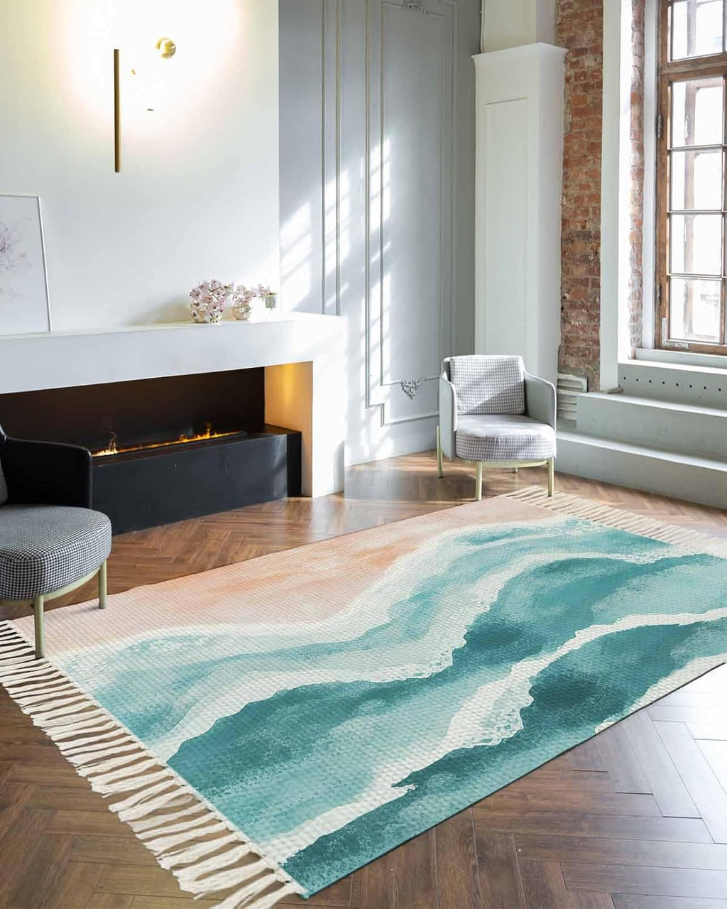 Teal Boho Coastal Area Rug 4X6 Living Room Rug with Tassel Woven Cotton Entryway Rug Washable Bedroom Rug Aesthetic Nursery Rug Ocean Beach Wave Ombre Green Floor Mat for Laundry Room