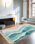 Teal Boho Coastal Area Rug 4X6 Living Room Rug with Tassel Woven Cotton Entryway Rug Washable Bedroom Rug Aesthetic Nursery Rug Ocean Beach Wave Ombre Green Floor Mat for Laundry Room