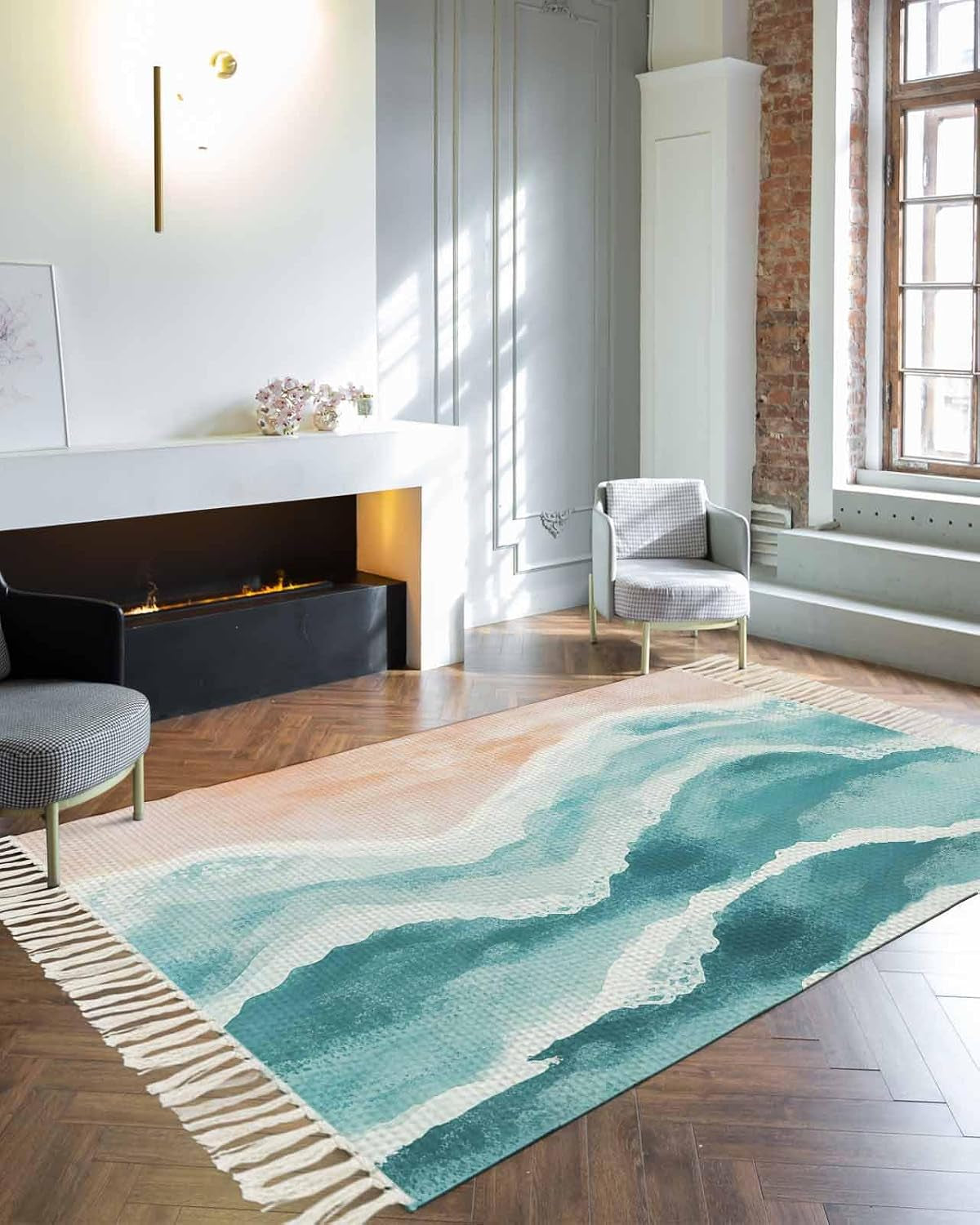 Teal Boho Coastal Area Rug 4X6 Living Room Rug with Tassel Woven Cotton Entryway Rug Washable Bedroom Rug Aesthetic Nursery Rug Ocean Beach Wave Ombre Green Floor Mat for Laundry Room
