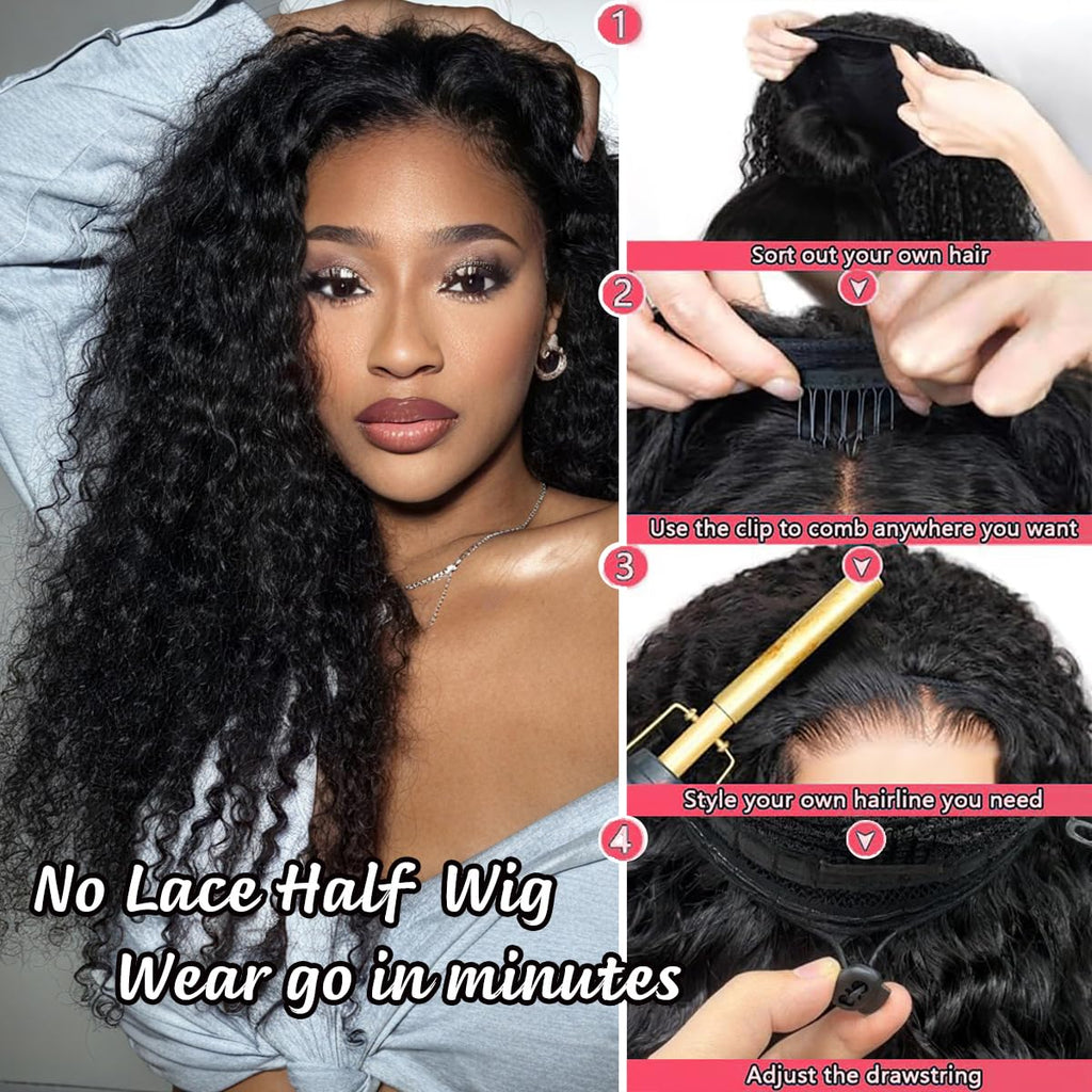 Half Wig Human Hair Deep Wave for Black Women 20 Inch Natural Colour | Curly Half Wigs for Women 3 in 1 Drawstring Flip over Glueless Wear Go Beginner Friendly 150% Density, Quick Install