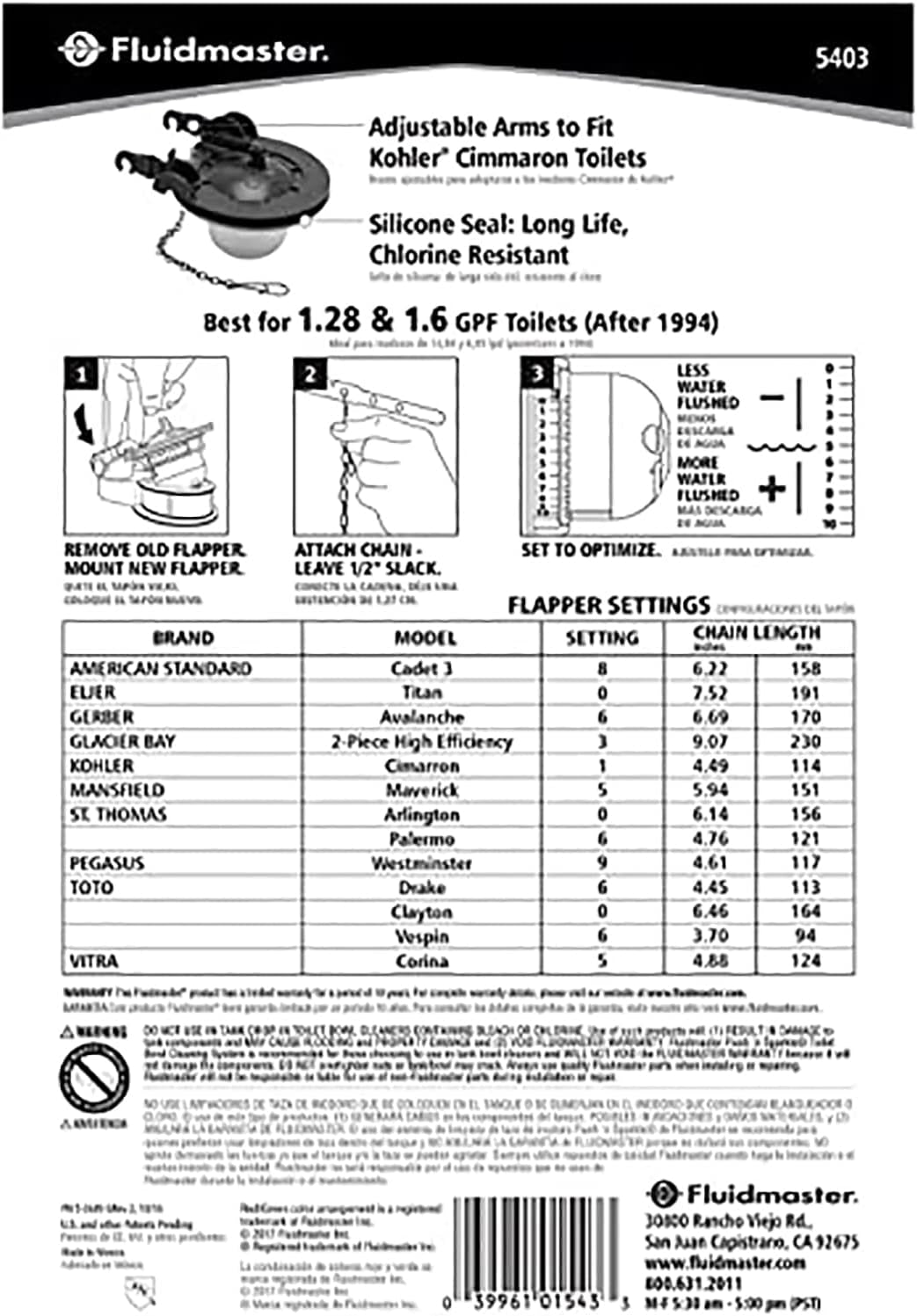 5403 Universal 3-Inch Toilet Flapper, Water Saving | Silicone Seal Lasts up to 10X Longer, Adjustable Dial Saves Water, Kink-Free Chain, Resists Chlorine and Hard Water
