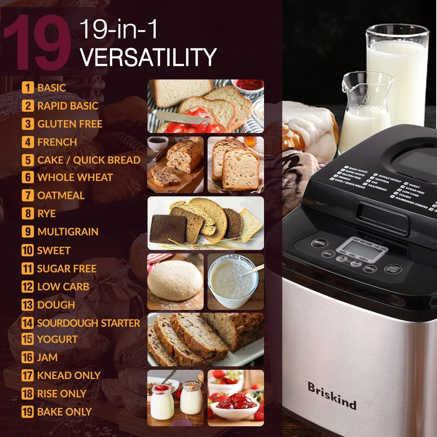19-In-1 Compact Bread Maker Machine, 1.5 Lb / 1 Lb Loaf Small Breadmaker with Carrying Handle, Including Gluten Free, Dough, Jam, Yogurt Menus, Bake Evenly, Automatic Keep Warm, 3 Crust Color