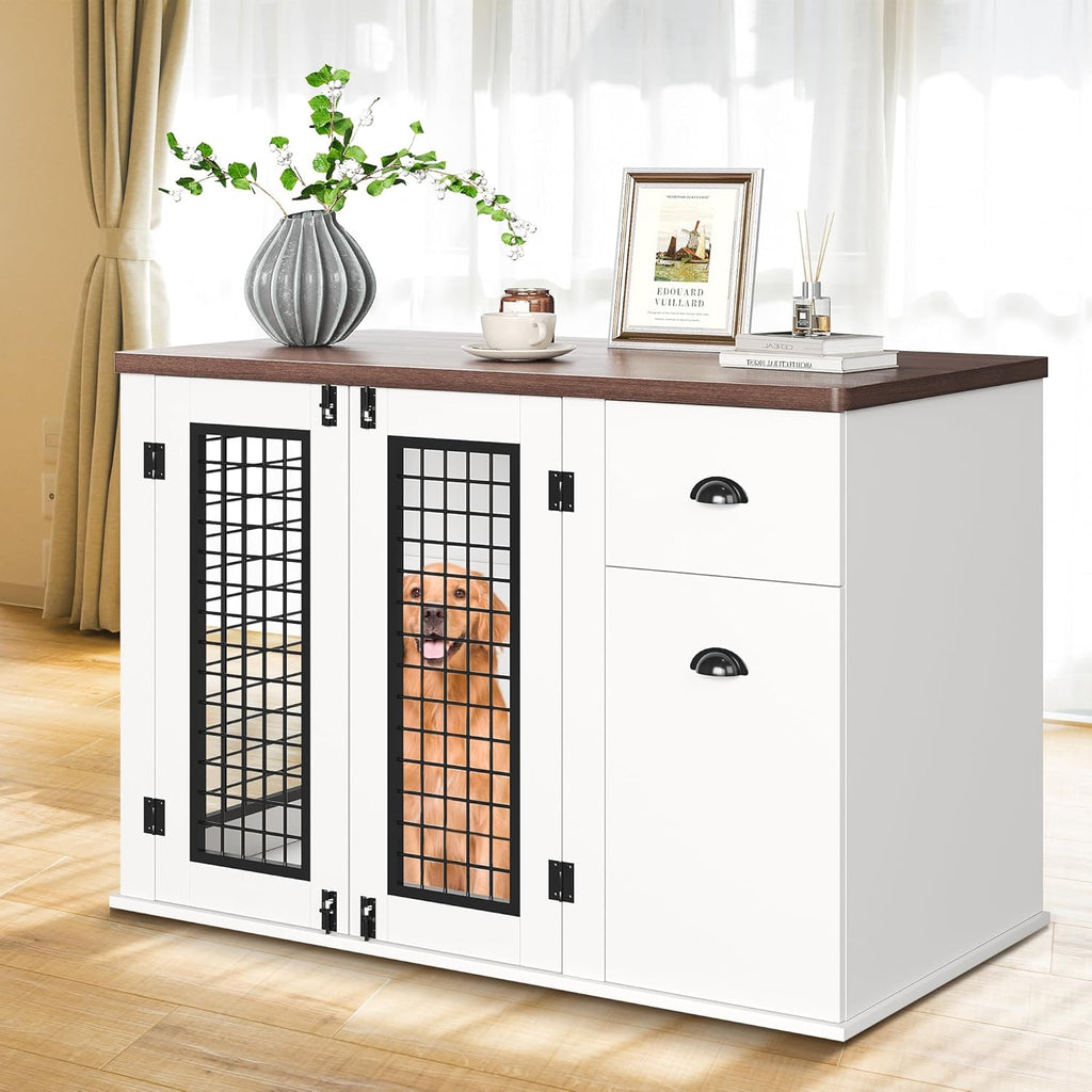 44 Inch Dog Crate Furniture, Large Dog Crate Furniture with Drawer Sand Side Cabinets, Wooden Dogs Kennel Indoor for Small Medium Large Dogs, White