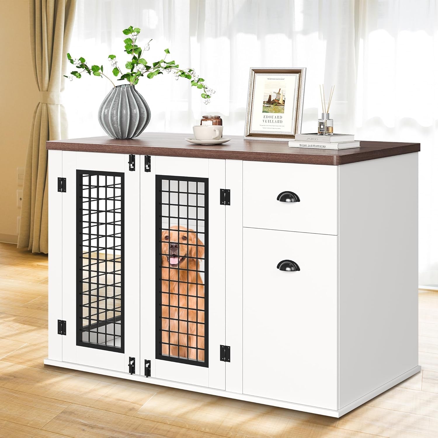 44 Inch Dog Crate Furniture, Large Dog Crate Furniture with Drawer Sand Side Cabinets, Wooden Dogs Kennel Indoor for Small Medium Large Dogs, White