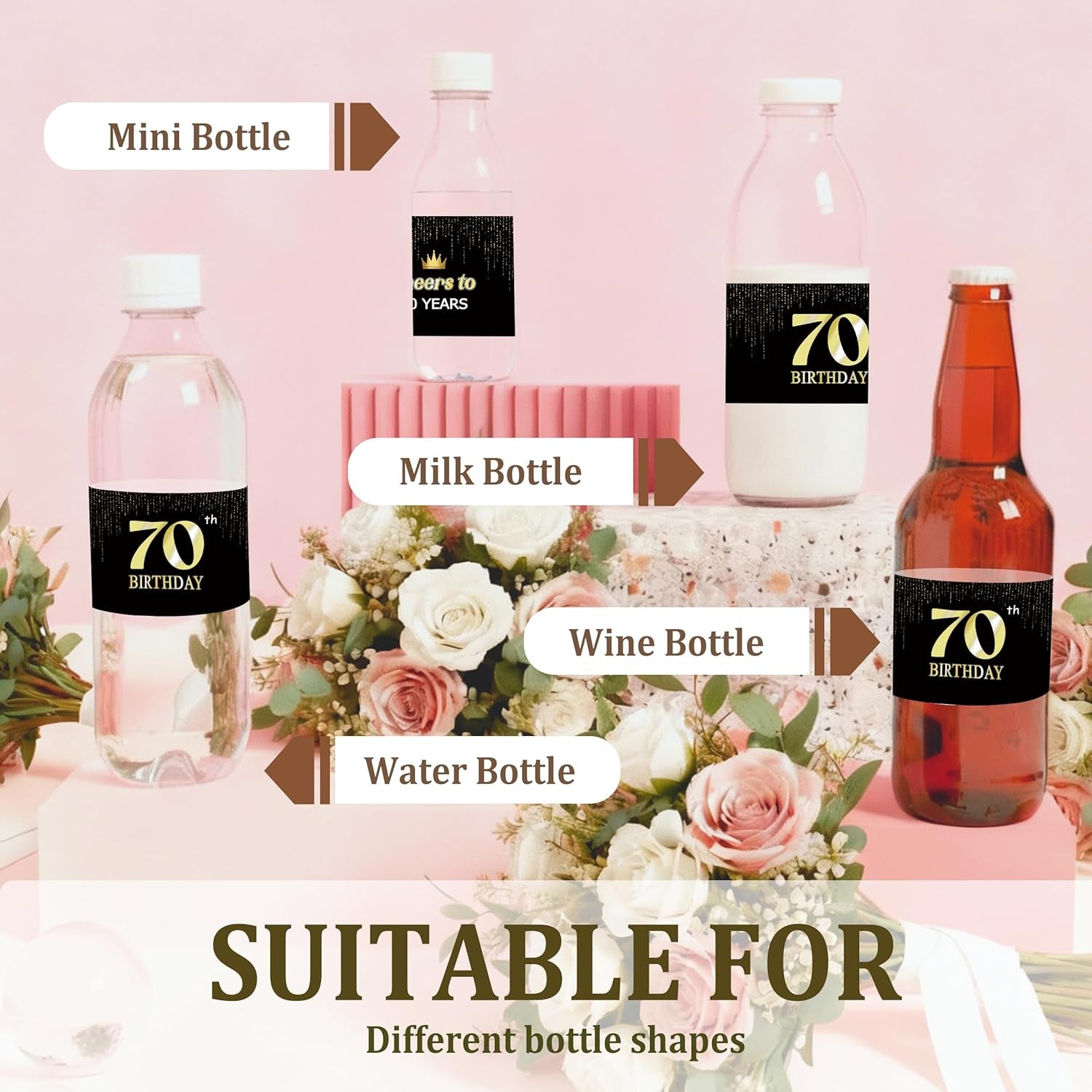 Birthday Party Water Bottle Label Stickers, Waterproof Labels for Water Bottles, Black and Gold Happy 70Th Birthday Party Decorations, Cheers to 70 Years, Anniversary Table Supplies-A31