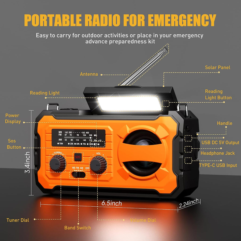 Hand Crank Emergency Radio 10000Mah Weather Radio with AM/FM/NOAA, Orange | Emergency Weather Radio with Solar Prower SOS Phone Charging LED Flashlight, Survival Gear for Outdoor Home Emergencies Kits