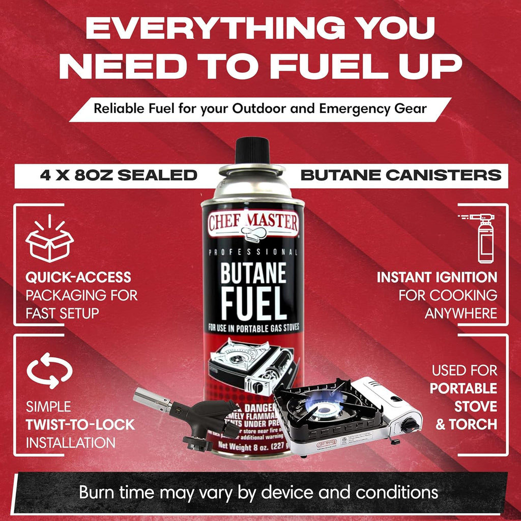 24X 8Oz Butane Fuel Canister - Butane Fuel for Camping Stove & Kitchen Torch - Gas Canister for Picnics, Outdoor Cooking, Grilling - Camping Stove, Torch Fuel Camping Essentials - 90340