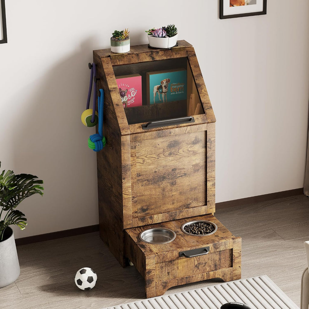 35''H Pet Food Cabinet Flip Top Dog Food Storage Cabinet,Dog Feeding Station with 2 Elevated Dog Bowls, Large Pet Toy Storage Organizer,Rustic Brown