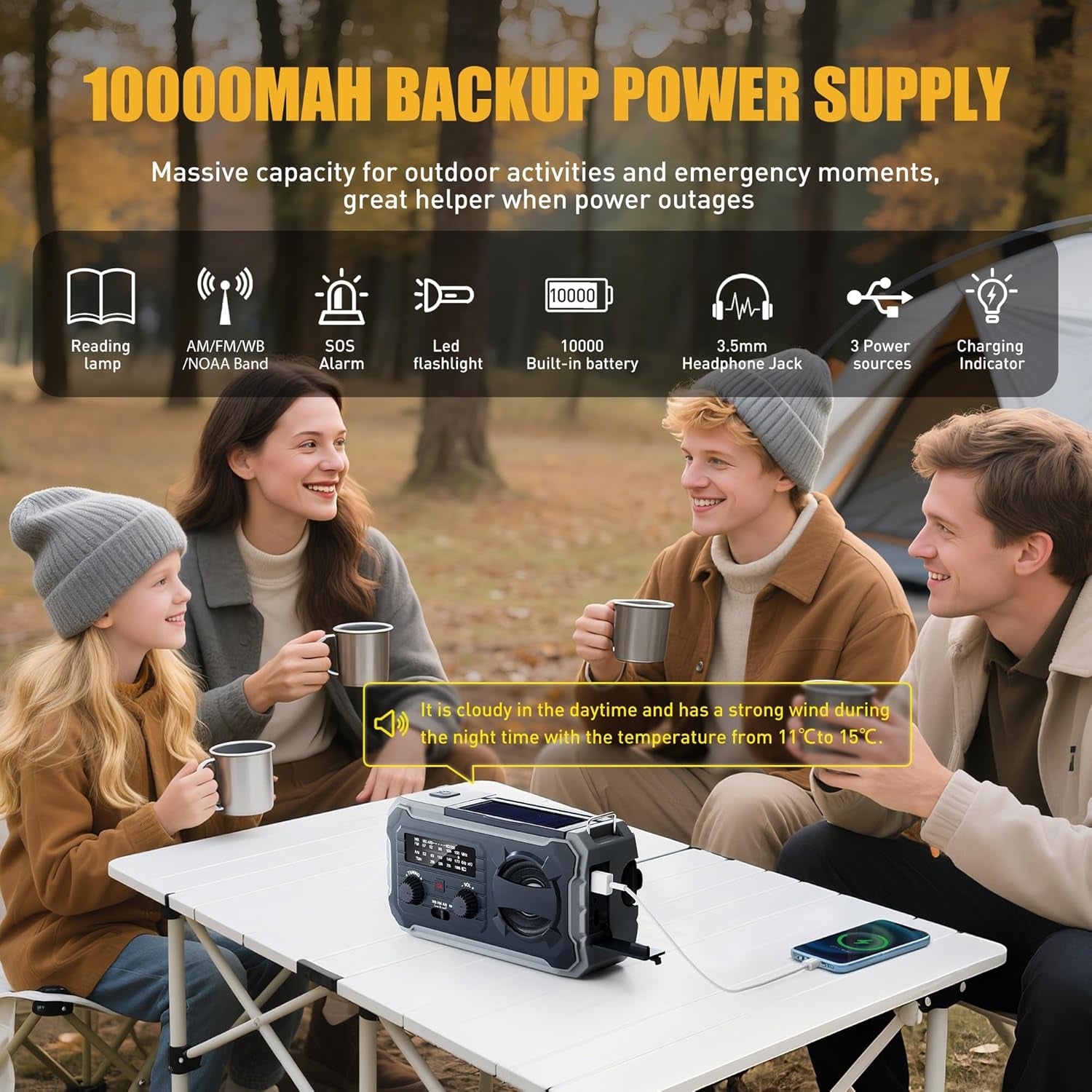 Hand Crank Emergency Radio 10000Mah Weather Radio with AM/FM/NOAA, Grey | Emergency Weather Radio with Solar Prower SOS Phone Charging LED Flashlight, Survival Gear for Outdoor Home Emergencies Kits