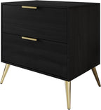 Modern Glam 2-Drawer Wooden Nightstand with Gold Metal Legs, Black