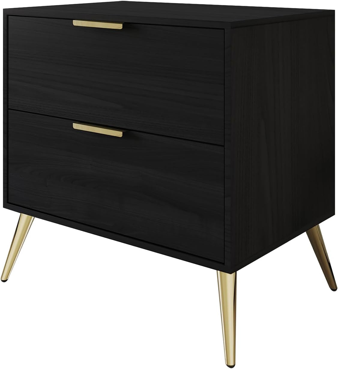 Modern Glam 2-Drawer Wooden Nightstand with Gold Metal Legs, Black