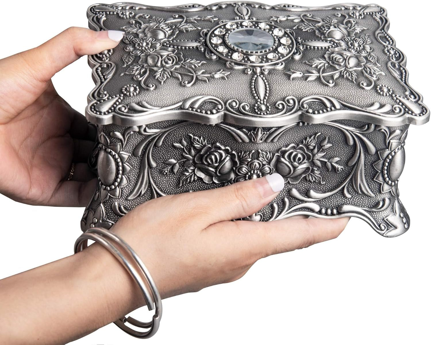 Vintage Trinket Jewelry Box Ring Earring Necklace Treasure Chest Case Classic Organizer Keepsake Box Ornate Antique Decorative Box for Girl Women Birthday Wedding Gift(Pewter)