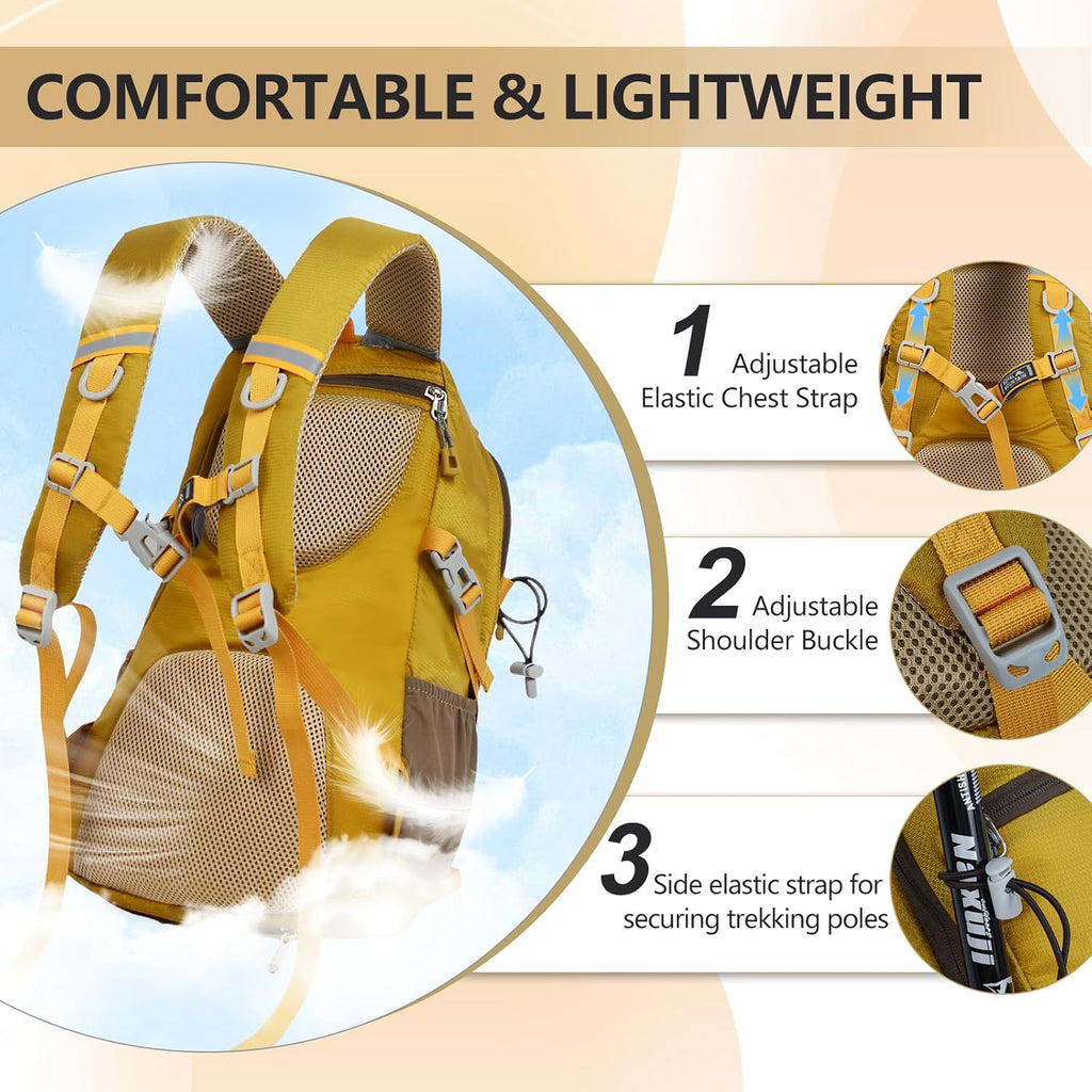 Small Hiking Backpack with Rain-Cover, 20L Travel Backpacks for Women Men, Camping Daypack Backpacks Lightweight, Durable Hiking Backpack Fit for Camping, Daily Commuting, Short Trips (Yellow)