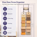 over the Door Purse Organizer - Wall Mounted Handbag Organizer with 16 Hooks and Metal Basket, Hanging Purse Storage Rack Holds up to 16 Bags, Bag Rack Can Use as 1/2 Part, for Door, Closet