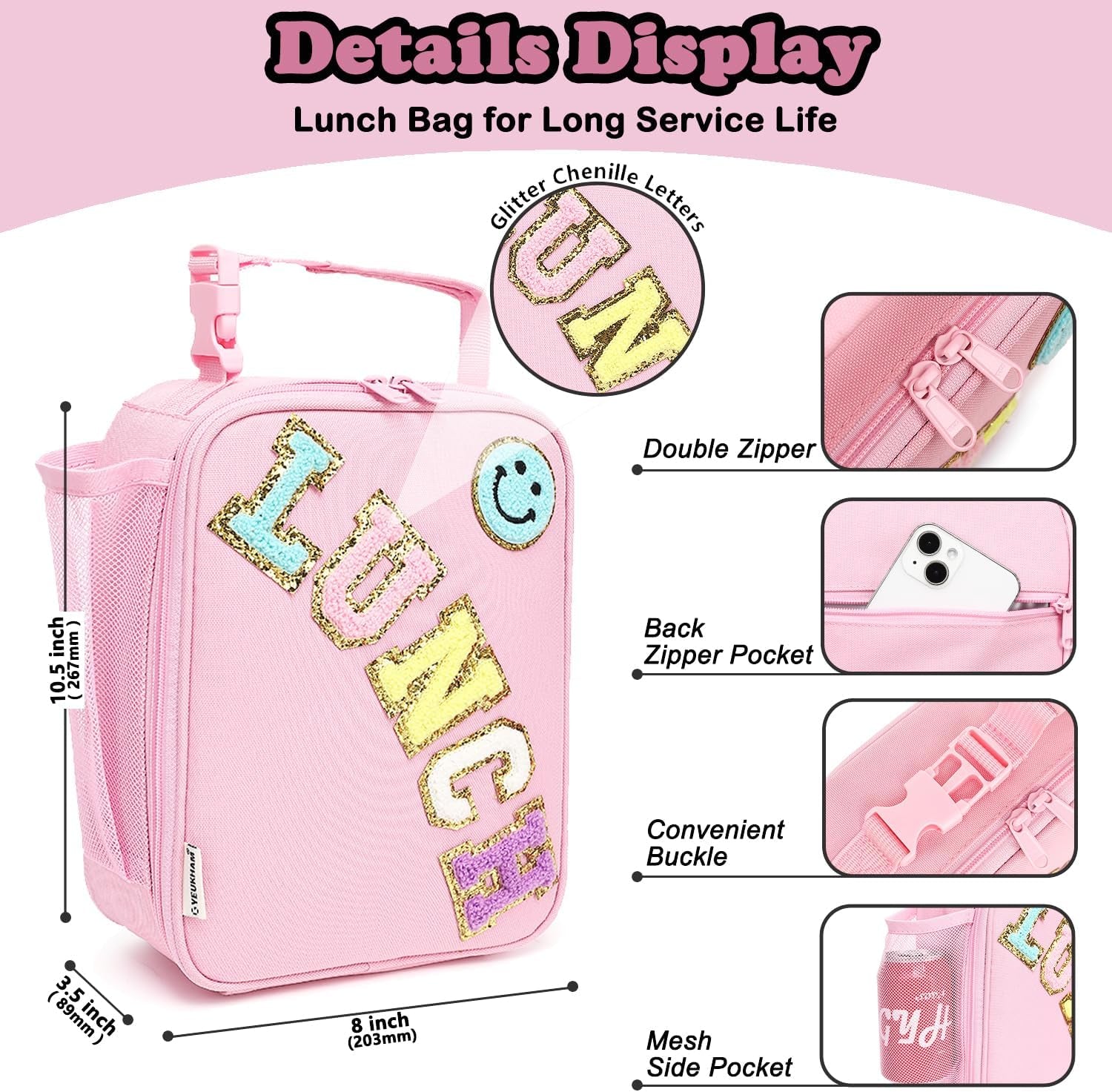 Lunch Box Insulated Soft Bag Mini Cooler Back to School Thermal Meal Tote Kit with Buckle and Mesh Side Pocket for Girls, Boys, Pinkwithletter