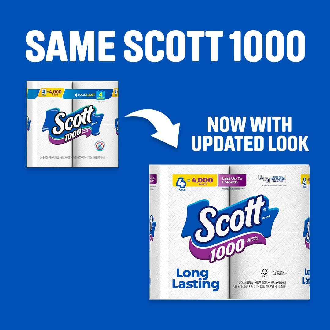 Scott 1000 Toilet Paper, 20 Regular Rolls, Septic-Safe, 1-Ply Toilet Tissue