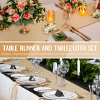 8 Pack White and Gold Disposable Plastic Tablecloths and Satin Table Runner Set, 54 X 108 Inch Tablecloth, 12 X 108 Inch Table Runners for Wedding First Communion Baby Shower Graduation