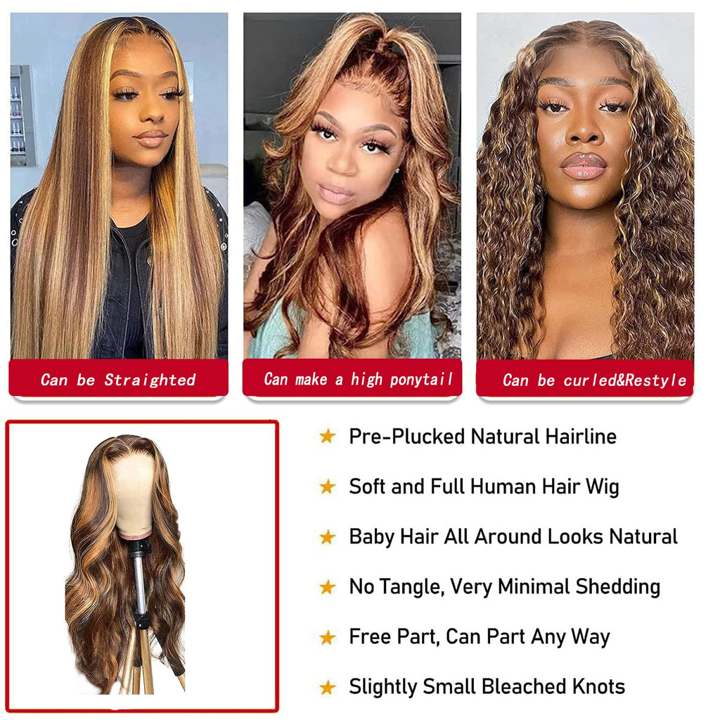 20 Inch Highlight Ombre 13X4 HD Lace Front Wig Human Hair Transparent 4/27 Honey Blonde Lace Frontal Wigs with Baby Hair 180% Density Colored Body Wave Lace Front Wig Human Hair for Women