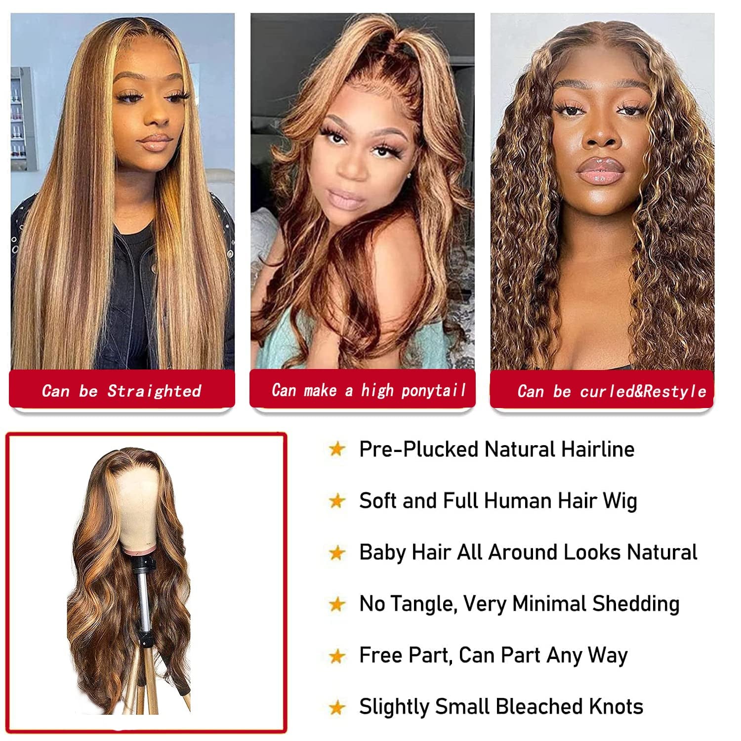 20 Inch Highlight Ombre 13X4 HD Lace Front Wig Human Hair Transparent 4/27 Honey Blonde Lace Frontal Wigs with Baby Hair 180% Density Colored Body Wave Lace Front Wig Human Hair for Women