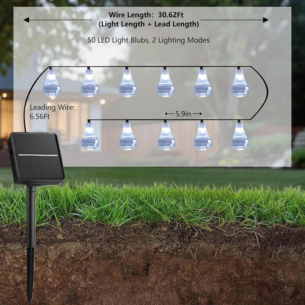 Solar String Lights Outdoor, 30.62FT 50 LED Solar Powered Diamond Ball Lights Waterproof for Outside, Solar Twinkle Lights for Yard, Patio, Garden, Wedding, Party, Camping, Cool White, 2 Modes