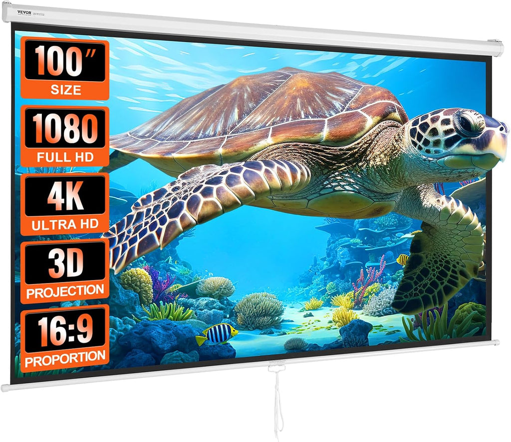 Projector Screen, 100 Inch Manual Pull down Projector Screen, 16:9 4K 1080 HD Projector Screen, Auto-Locking Portable Projection Screen, Projector Screen for Family Home Office Theater