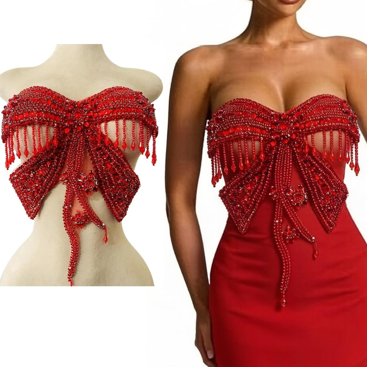 Butterfly Shape Bodysuit Applique Pure Hand-Stitched Beads and Crystal Patches Creative Tassels Shiny Dress Decorative Accessories (Red)