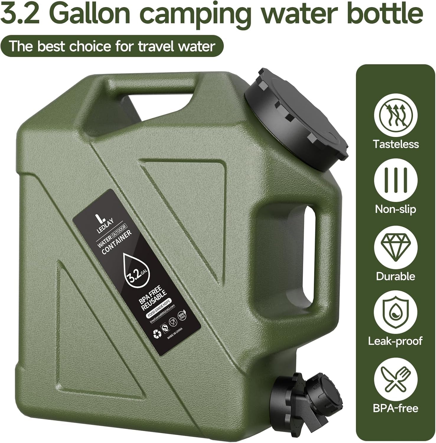 3.2GAL Camping Water Jug, Portable Water Storage Container with Spigot, Leak-Proof Lid & Dual Handles, Outdoor Water Tank for Camping, RV, Emergency Preparedness
