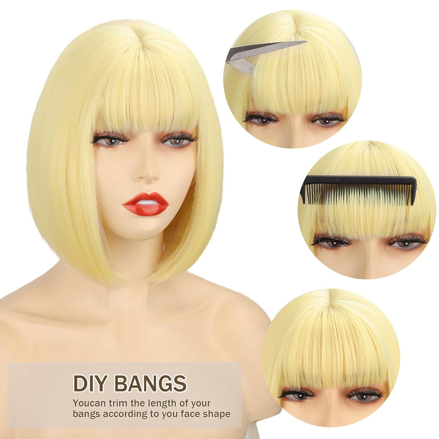 Blonde Bob Wig with Bangs，Straight Bob Wig Short Blonde Wigs for Women, Short Light Blond Synthetic Heat Resistant Colorful Wig for Cosplay Party Use