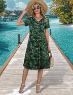 Women Summer Dresses Casual Short Sleeve Midi Dress with Pockets | Empire Waist, a Line, V Neck, Button Decor, Floral, Flowy, Loose Fit, Beach Vacation T Shirt Sundress