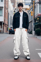 Mens Loose Fit Drawstring Y2K Baggy Parachute Cargo Pants | Harem Joggers, Utility Flap, Deep Side Pockets, Elastic Waistband, Adjustable Hem, Streetwear, Casual Wear, Outdoor Hiking
