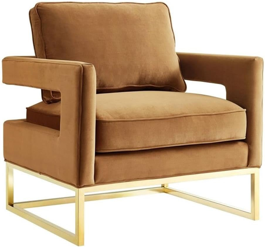 the Avery Collection Modern Style Living Room Den Leather Upholstered Armchair with Gold Legs, Cognac