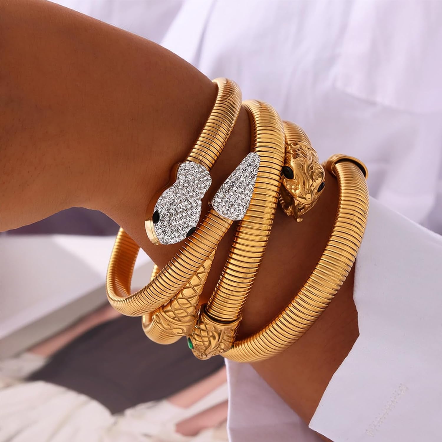 Snake Bangle Open Cuff Bracelet for Women | Cubic Zirconia, Stretch Bracelets, Sparkly, Cocktail, Evening Jewelry Gift
